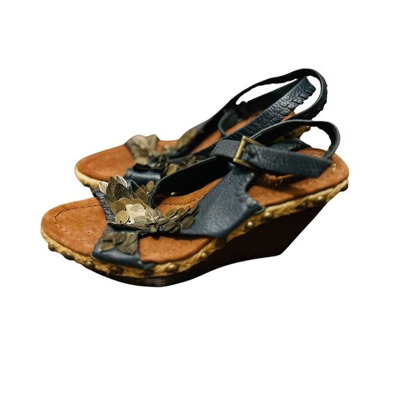 Sam Edelman Blue Leather Wedge Sandals Floral Coin Accents & Adjustable Straps - - Picture 2 of 8